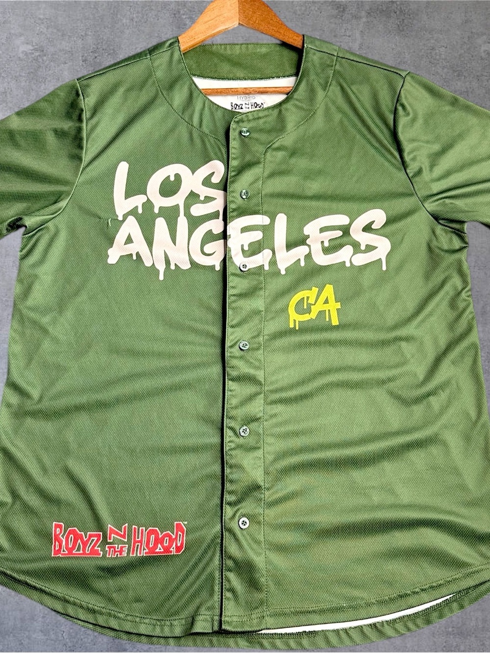 Boyz N The Hood Los Angeles Baseball Jersey Mens L Green Movie Graphic Button Up